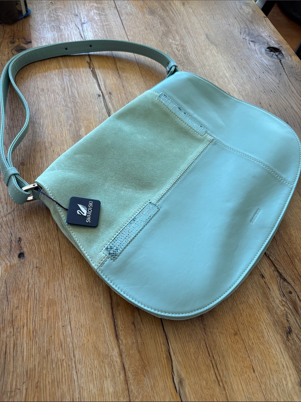 New Swarovski Leather and Suede Shoulder Crossbody Bag saddle flap magnetic snap